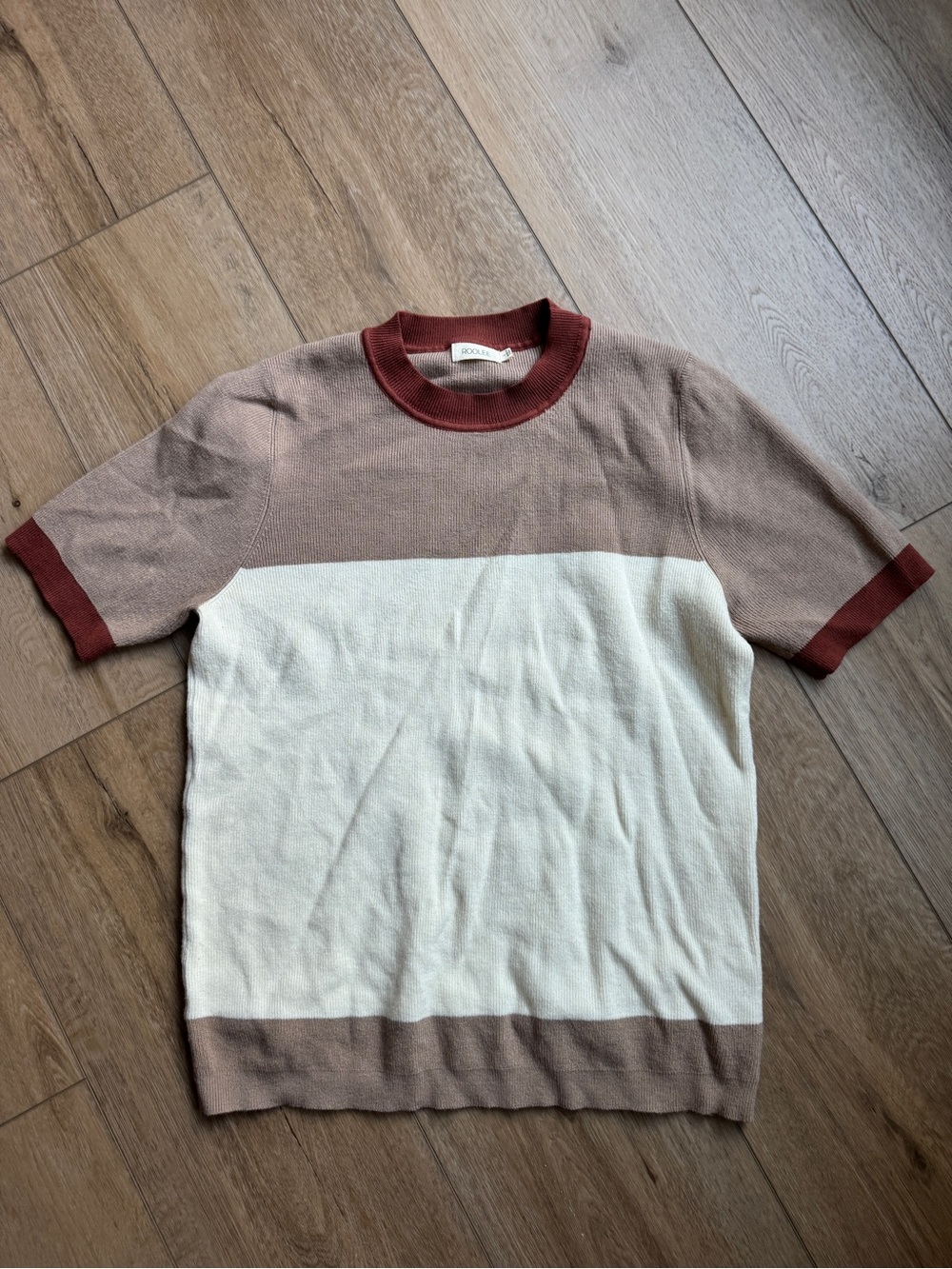 Roolee Womens Crewneck Colorblock Sweater in Cream, Taupe and Rust